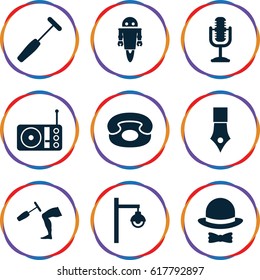 Retro icons set. set of 9 retro filled icons such as knee hammer reaction check, medical hammer, radio, microphone, desk phone, hat and bow, street lamp, robot