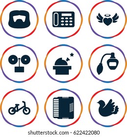 Retro icons set. set of 9 retro filled icons such as child bicycle, perfume, man hairstyle, desk phone, heart angel wings, bird, harmonic, observatory