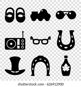 Retro icons set. set of 9 retro filled icons such as baby shoes, Horseshoe, maple syrup, radio, hat, sunglasses, robot, horseshoe