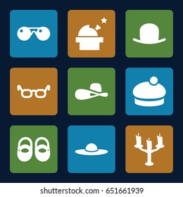 Retro icons set. set of 9 retro filled icons such as baby shoes, hat, woman hat, candlestick, sunglasses, observatory