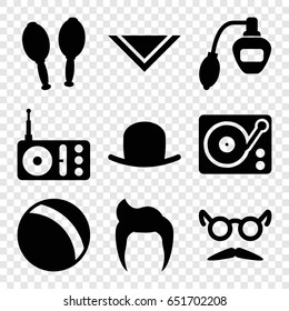 Retro icons set. set of 9 retro filled icons such as ball, man hairstyle, perfume, hat, cravat, mustache and glasses, radio, gramophone