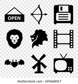 Retro icons set. set of 9 retro filled icons such as lion, mill, devil heart with wings, diskette, open plate, bow, movie tape