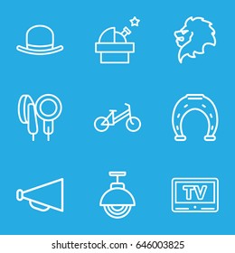 Retro icons set. set of 9 retro outline icons such as lion, child bicycle, hat, megaphone, microphone, tv, street lamp, observatory