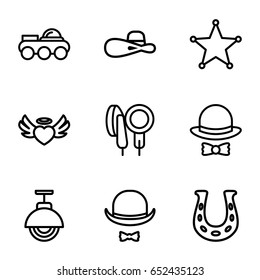 Retro icons set. set of 9 retro outline icons such as woman hat, heart angel wings, microphone, hat and moustache, hat and bow, street lamp, sheriff, robot