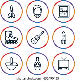 Retro icons set. set of 9 retro outline icons such as man hairstyle, abacus, maple syrup, tv, guitar, rocket, robot