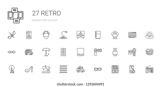 retro icons set. Collection of retro with bookshelf, eyeglasses, ice cream truck, abacus, sewing machine, high heels, match, vase, camcorder. Editable and scalable retro icons.