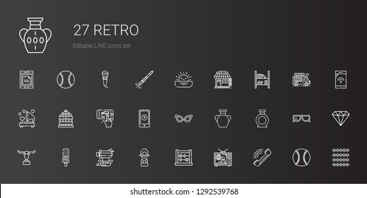 retro icons set. Collection of retro with phone, television, abacus, lantern, airship, microphone, buffalo, vase, glasses, smartphone, bird cage. Editable and scalable retro icons.