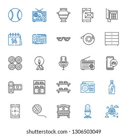retro icons set. Collection of retro with propeller, microphone, chest of drawers, wool ball, smartphone, message in a bottle, radio, bookshelf. Editable and scalable retro icons.