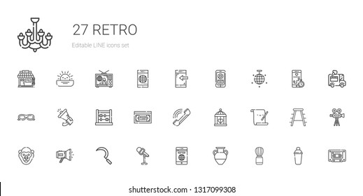 retro icons set. Collection of retro with shaving brush, vase, smartphone, microphone, sickle, megaphone, gorilla, parchment, cage, phone, vhs. Editable and scalable retro icons.