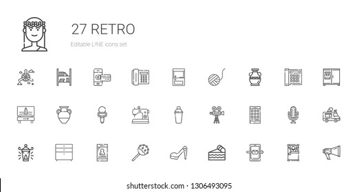 retro icons set. Collection of retro with smartphone, piece of cake, high heels, cake pop, chest of drawers, oil lamp, video camera, shaker. Editable and scalable retro icons.