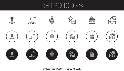 retro icons set. Collection of retro with street lamp, microphone, homemade, bird cage, wake up. Editable and scalable retro icons.