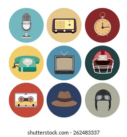 Retro icons set flat style, vector eps10 illustration isolated on white.