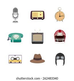 Retro icons set flat style, vector eps10 illustration isolated on white.