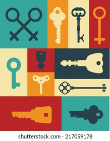 Retro icons set of keys and lock. Silhouettes and frame. Vintage label.