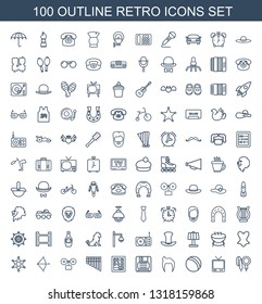 retro icons. Trendy 100 retro icons. Contain icons such as microphone, TV, ball, man hairstyle, diskette, abacus, harmonica, alarm, bow, sheriff. retro icon for web and mobile.