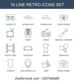 retro icons. Trendy 16 retro icons. Contain icons such as cassette, woman hat, desk phone, TV, harp, radio, medical hammer, movie tape, hacksaw. retro icon for web and mobile.