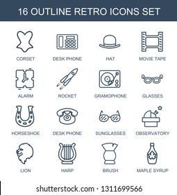 retro icons. Trendy 16 retro icons. Contain icons such as corset, desk phone, hat, movie tape, alarm, rocket, gramophone, glasses, horseshoe, sunglasses. retro icon for web and mobile.