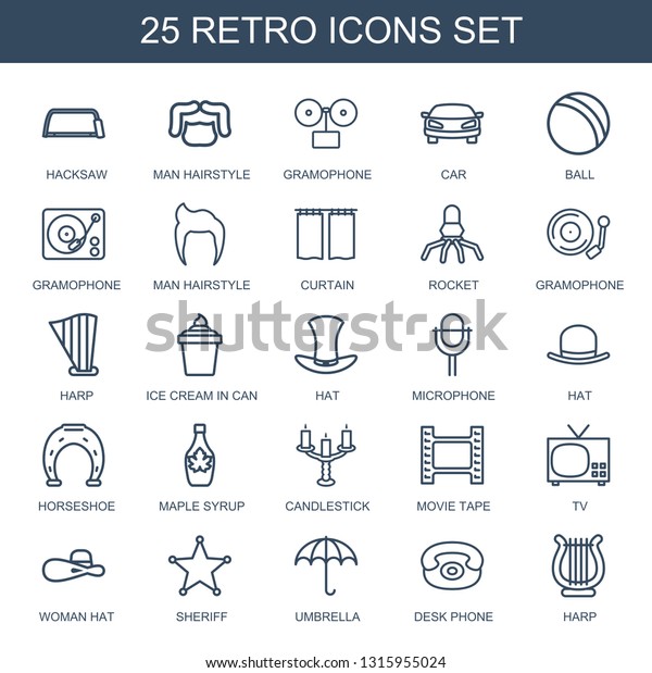 retro icons.\
Trendy 25 retro icons. Contain icons such as hacksaw, man\
hairstyle, gramophone, car, ball, curtain, rocket, harp, ice cream\
in can. retro icon for web and\
mobile.