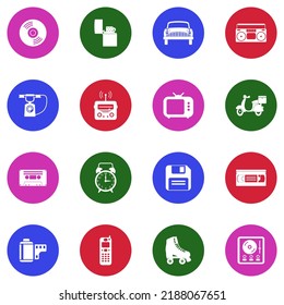 Retro Icons. White Flat Collection In Circle. Vector Illustration.