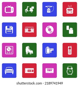 Retro Icons. White Flat Collection In Square. Vector Illustration.