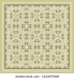 Retro illustrated pattern in gold made of abstract elements. Scarf design. Frame.