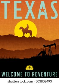 Retro illustrated travel poster for Texas