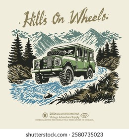 Retro illustration 4x4 old car adventure expedition nature mountain offroad. Vintage apparel design outdoor