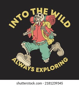 retro illustration of backpacker skeleton 