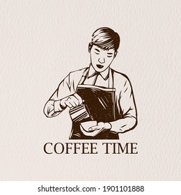 Retro Illustration Barista With Coffee Time Text