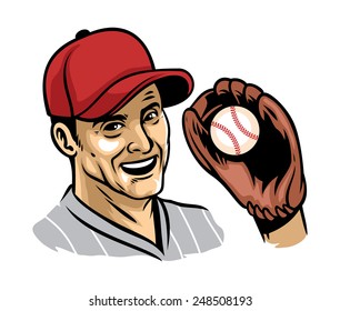 retro illustration of baseball player wearing glove 