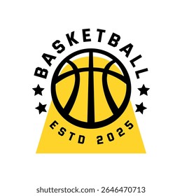 retro illustration of basketball ball with yellow shape. design for logo or apparel with sport theme