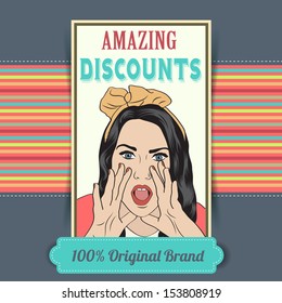 retro illustration of a beautiful woman and amazing discounts message, vector format