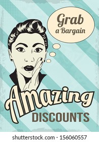 retro illustration of a beautiful woman and amazing discounts message, vector format