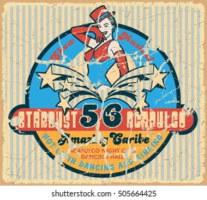retro illustration of a beautiful woman show musical and danicing