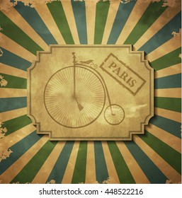 Retro Illustration Bicycle poster stamp on old tag with Paris stamp