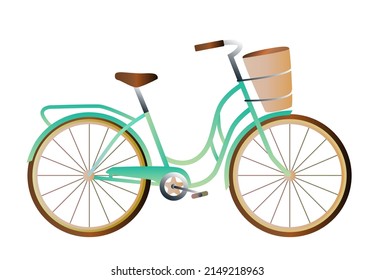 Retro Illustration Bicycle. Stylish womens teal bicycle with basket isolated on white background. Flat gradient vector icon
