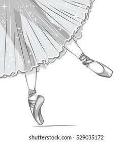 Retro illustration. Black and white. Slender legs in ballet slippers, pointe shoes. Hand drawn illustration.