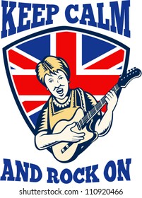 Retro illustration of a british granny queen playing guitar with union jack flag set inside shield with words "keep calm and rock on".