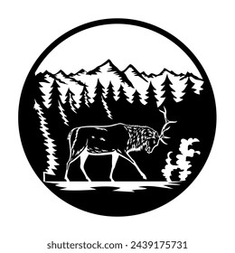 Retro illustration of a bull elk, Cervus canadensis or wapiti fighting stance side view in Rocky Mountain National Park, Colorado, United States inside circle isolated background in black and white.