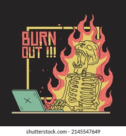 Retro illustration of burnout skeleton