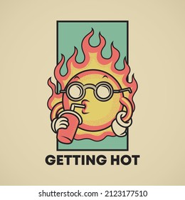 Retro illustration of cartoon flame drinking a water