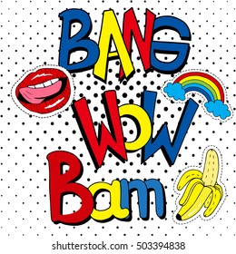 Retro illustration with cartoon phrases wow,bam,bang and  gradient halftone.It may be used for design of a t-shirt, bag, postcard, a poster.Retro style 80s-90s.Pop art style.