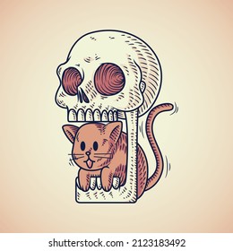 Retro illustration of cat emerging from skull mouth
