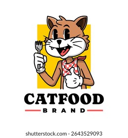 retro illustration of a cat holding a fork. cartoon logo for cat food or any business related to food