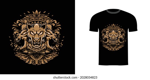 retro illustration cerberus for tshirt design, badge design character with engraving ornament