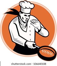 Retro illustration of a chef cook cooking with frying pan set inside circle on isolated white background.
