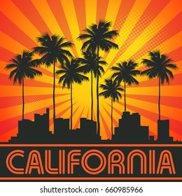 Retro illustration with city skyline and text California vector illustration