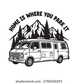 Retro illustration of classic camper van parked in front of forest and mountains. Adventure and travel lifestyle concept.