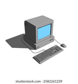 Retro illustration of a classic desktop computer setup featuring a gray CRT monitor, keyboard, and mouse. Evokes nostalgia for early personal computing technology of the 1980s and 1990s.