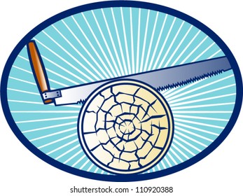 Retro illustration of a cross-cut hand saw cutting log of wood set inside oval ellipse with sunburst.